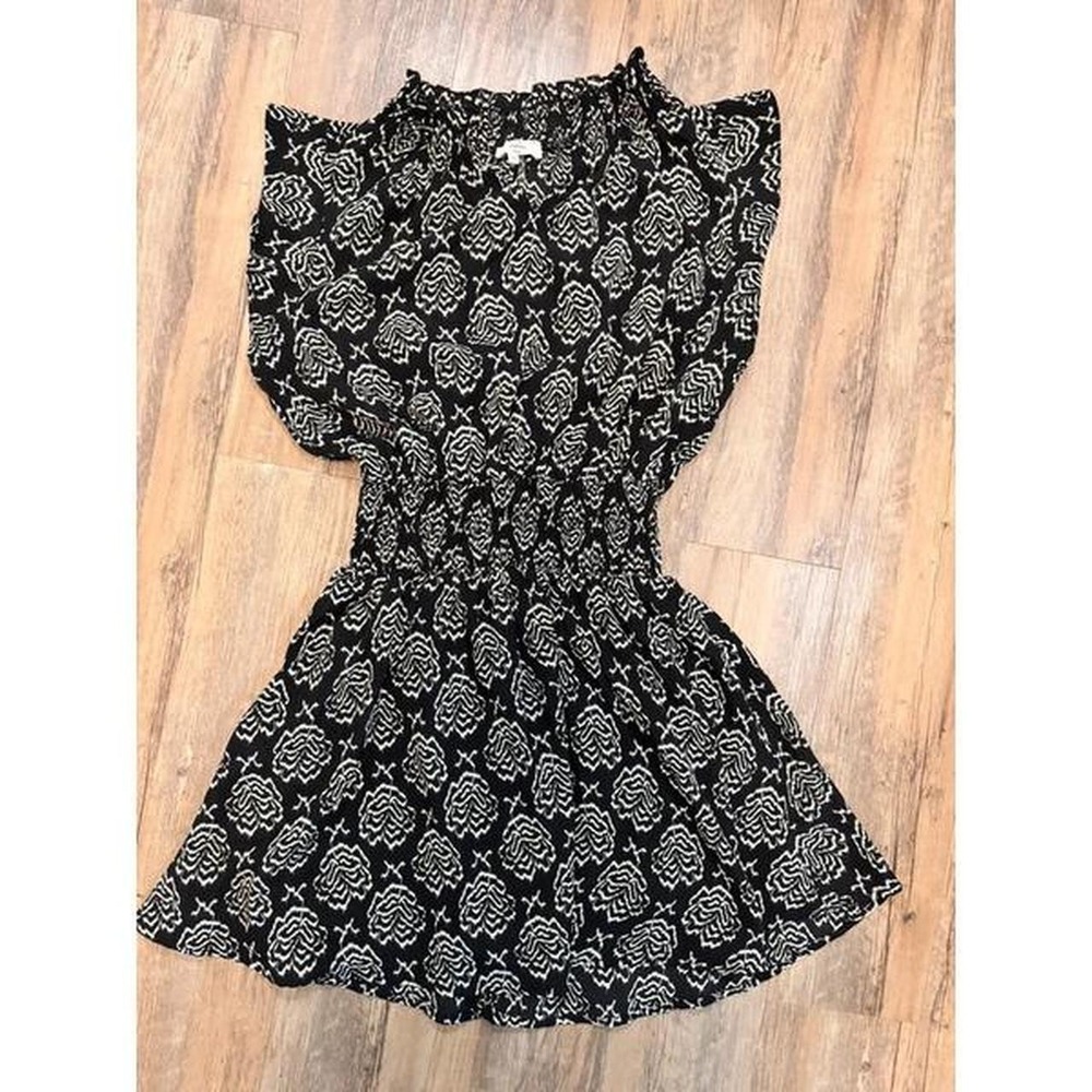 Entro Black White Floral Smocked Waist Ruffle Neck Midi Summer Dress Medium